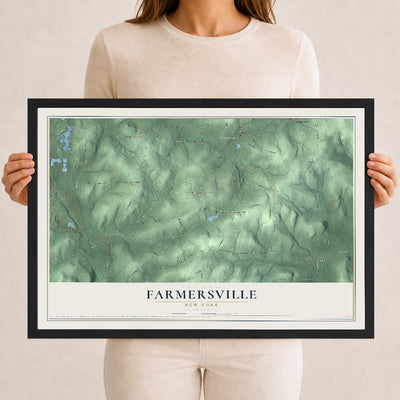 Farmersville, New York map print, 12" x 18" W/ Black Ayous Wood Frame mockup