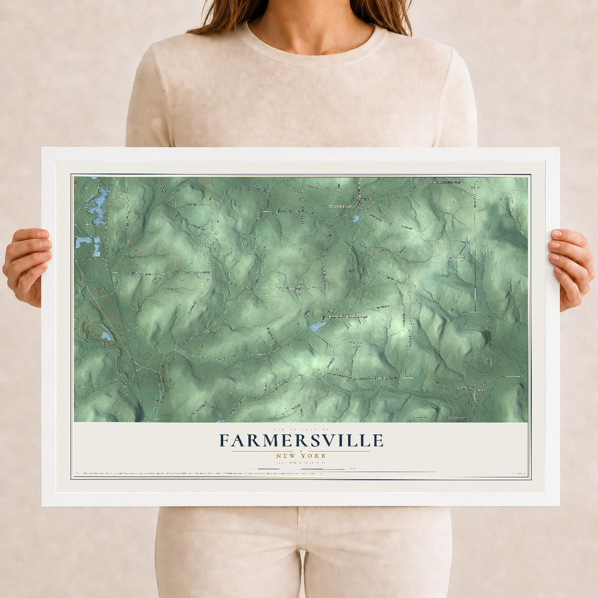Farmersville, New York map print, 12" x 18" W/ White Ayous Wood Frame mockup