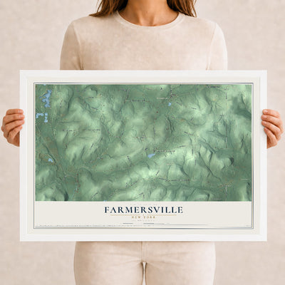 Farmersville, New York map print, 12" x 18" W/ White Ayous Wood Frame mockup
