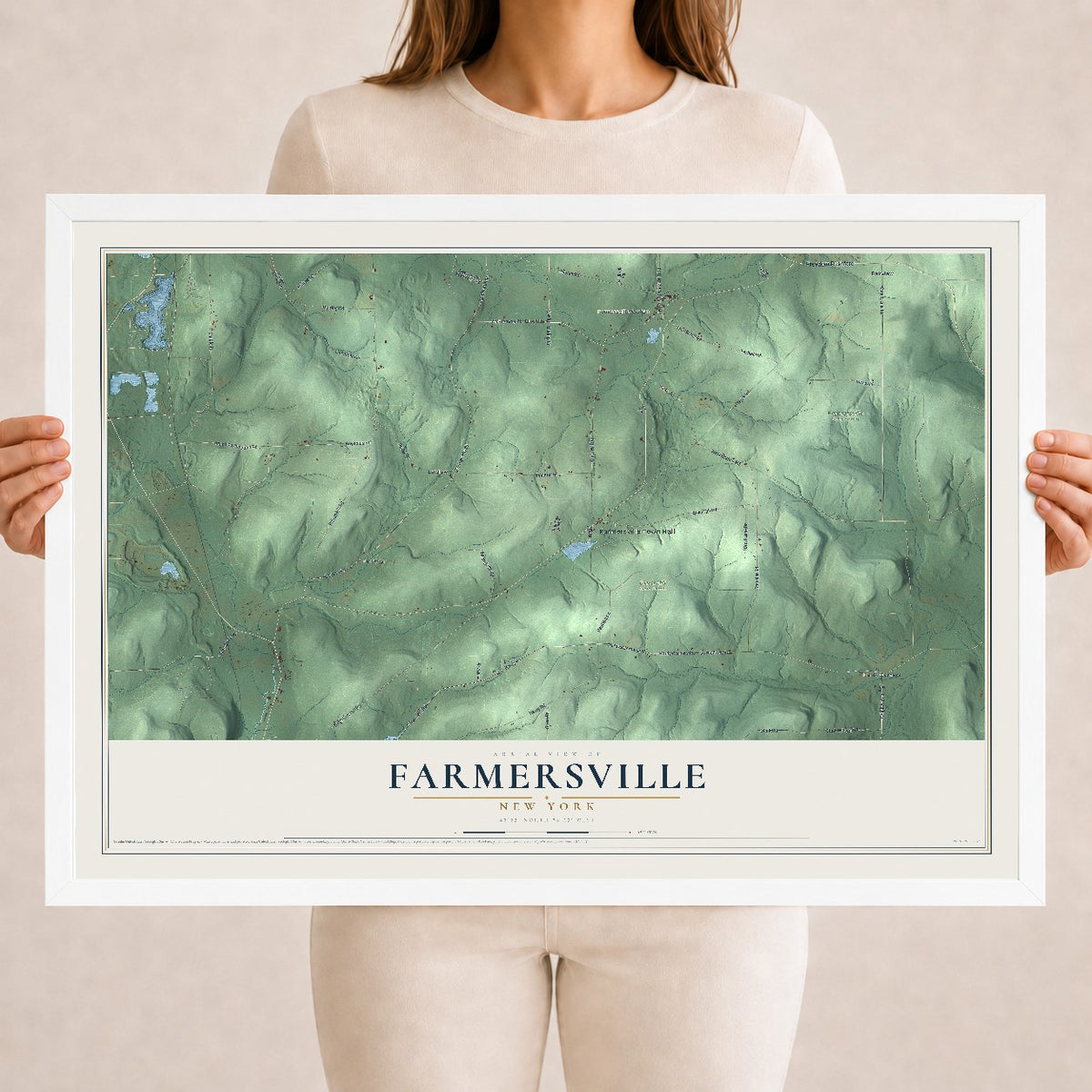 Farmersville, New York map print, 18" x 24" W/ White Ayous Wood Frame mockup