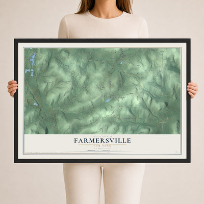 Farmersville, New York map print, 24" x 36" W/ Black Ayous Wood Frame mockup