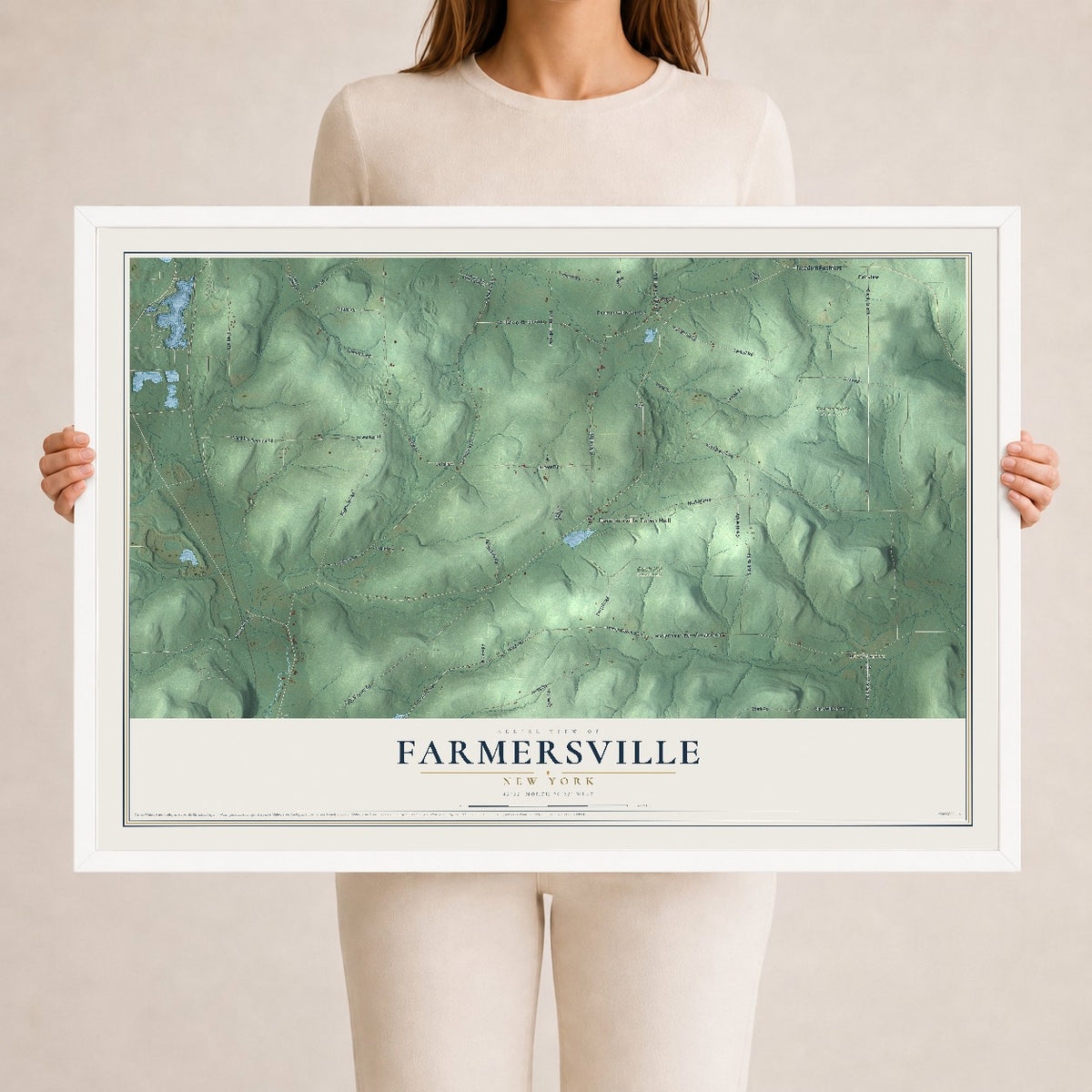 Farmersville, New York map print, 24" x 36" W/ White Ayous Wood Frame mockup