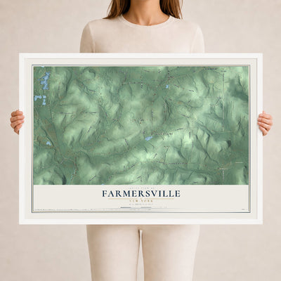 Farmersville, New York map print, 24" x 36" W/ White Ayous Wood Frame mockup