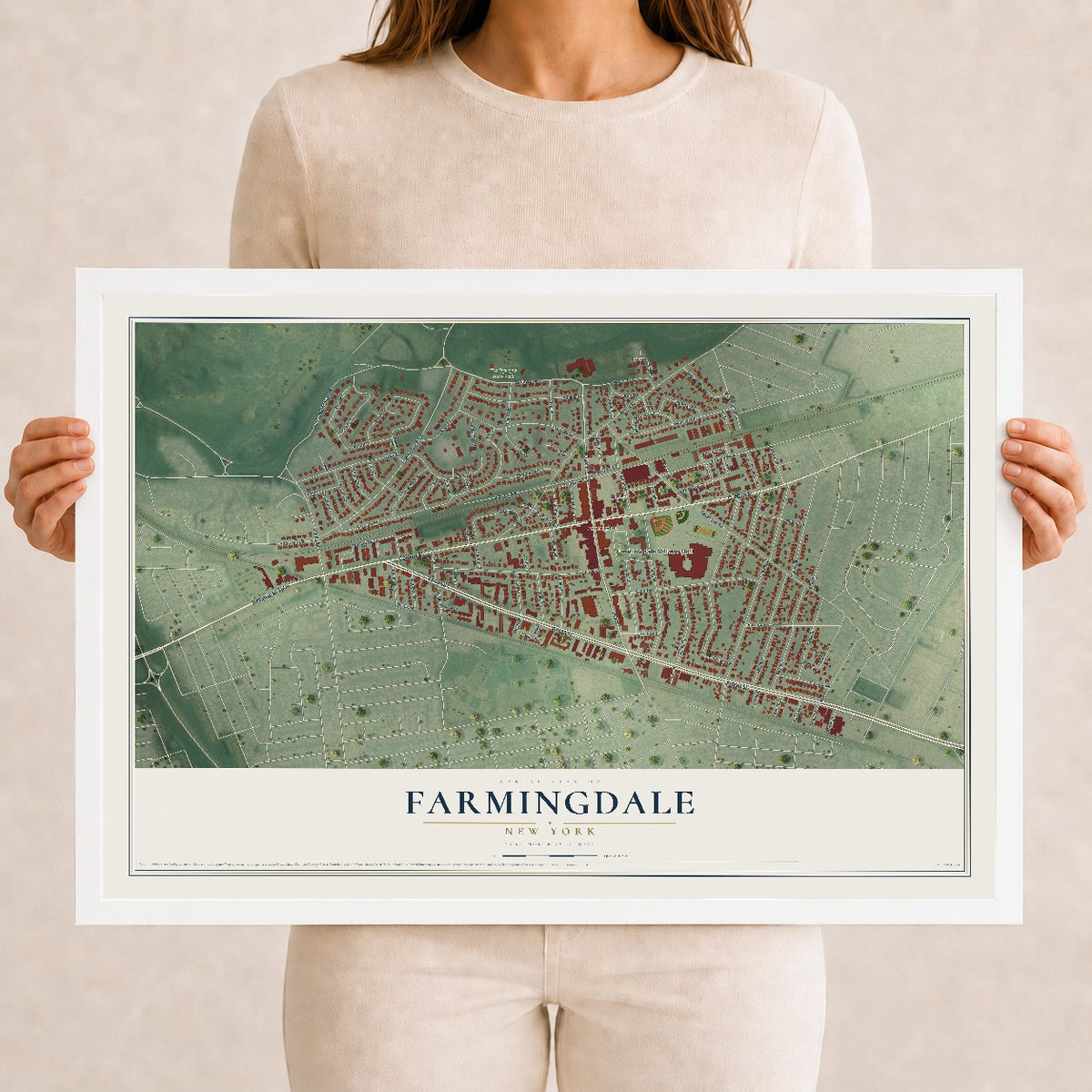 Farmingdale, New York map print, 12" x 18" W/ White Ayous Wood Frame mockup