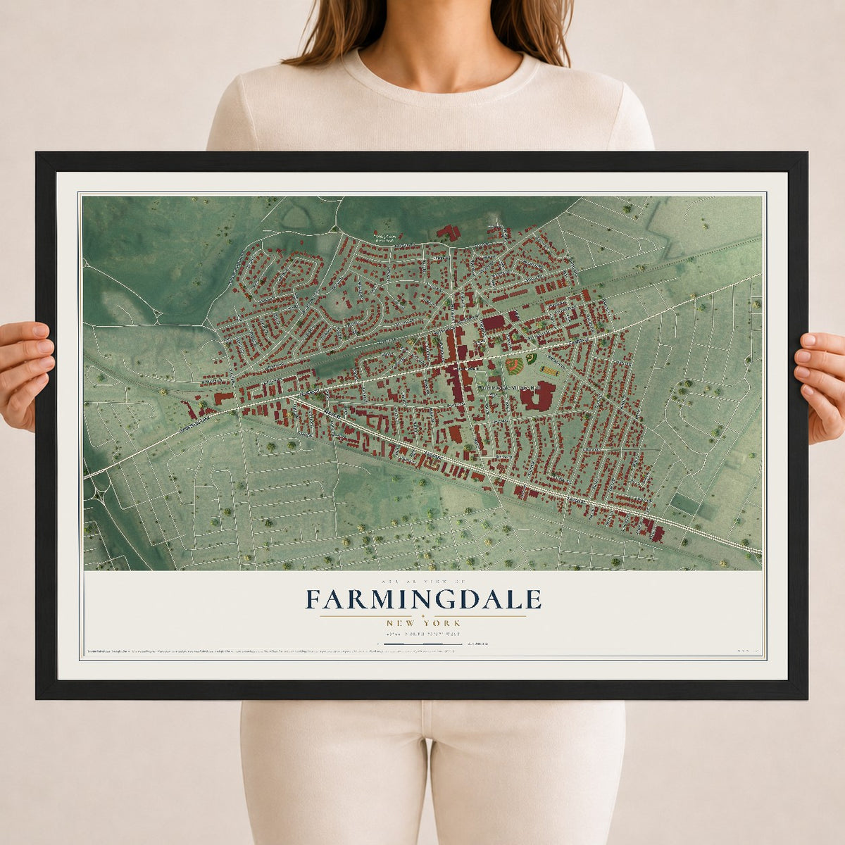 Farmingdale, New York map print, 18" x 24" W/ Black Ayous Wood Frame mockup