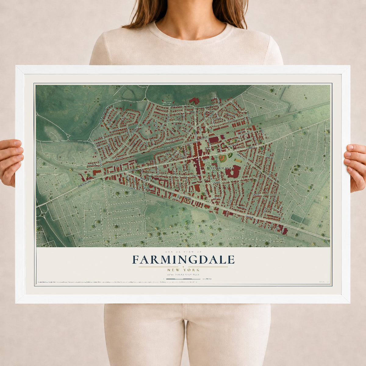 Farmingdale, New York map print, 18" x 24" W/ White Ayous Wood Frame mockup