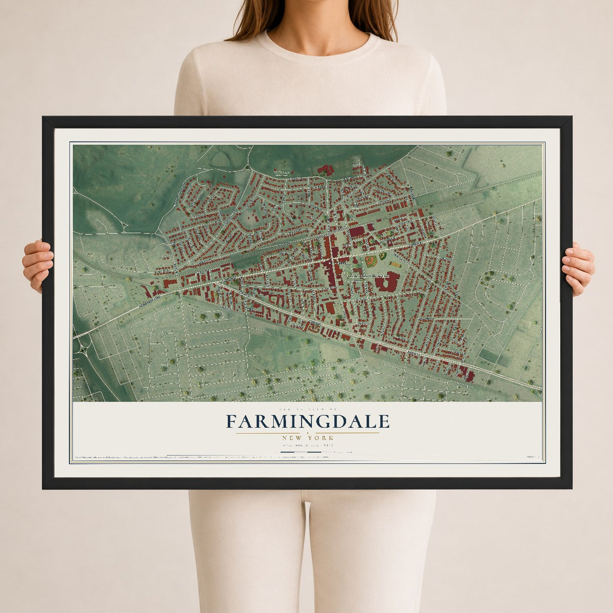 Farmingdale, New York map print, 24" x 36" W/ Black Ayous Wood Frame mockup