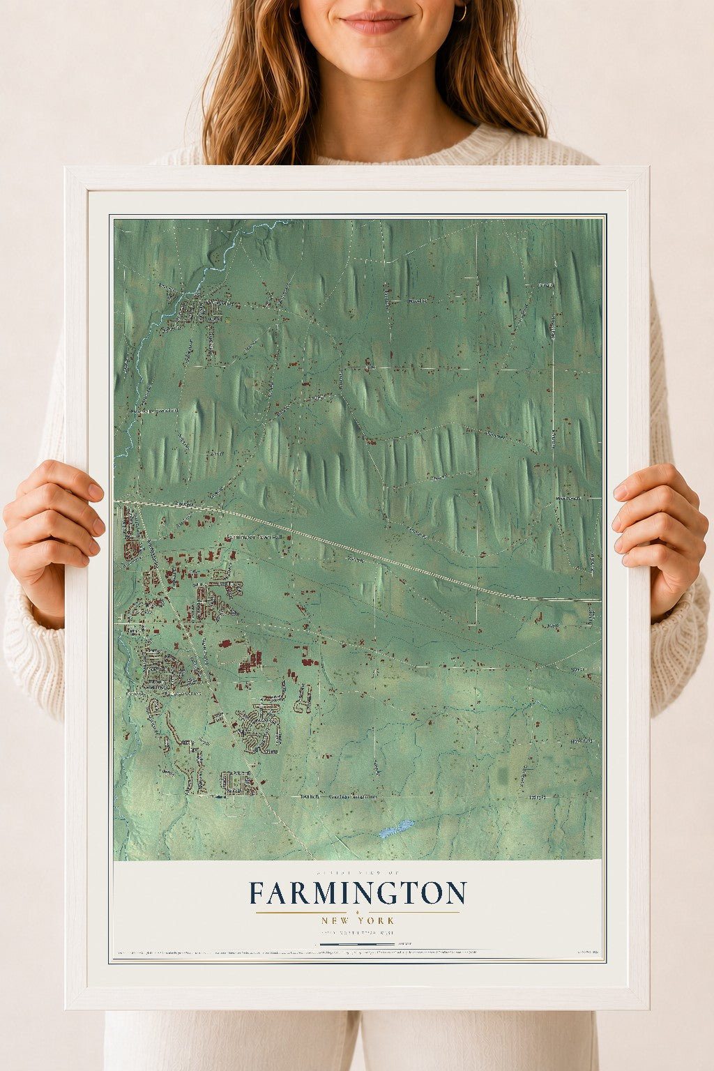 Farmington, New York map print, 18" x 24" W/ White Ayous Wood Frame mockup
