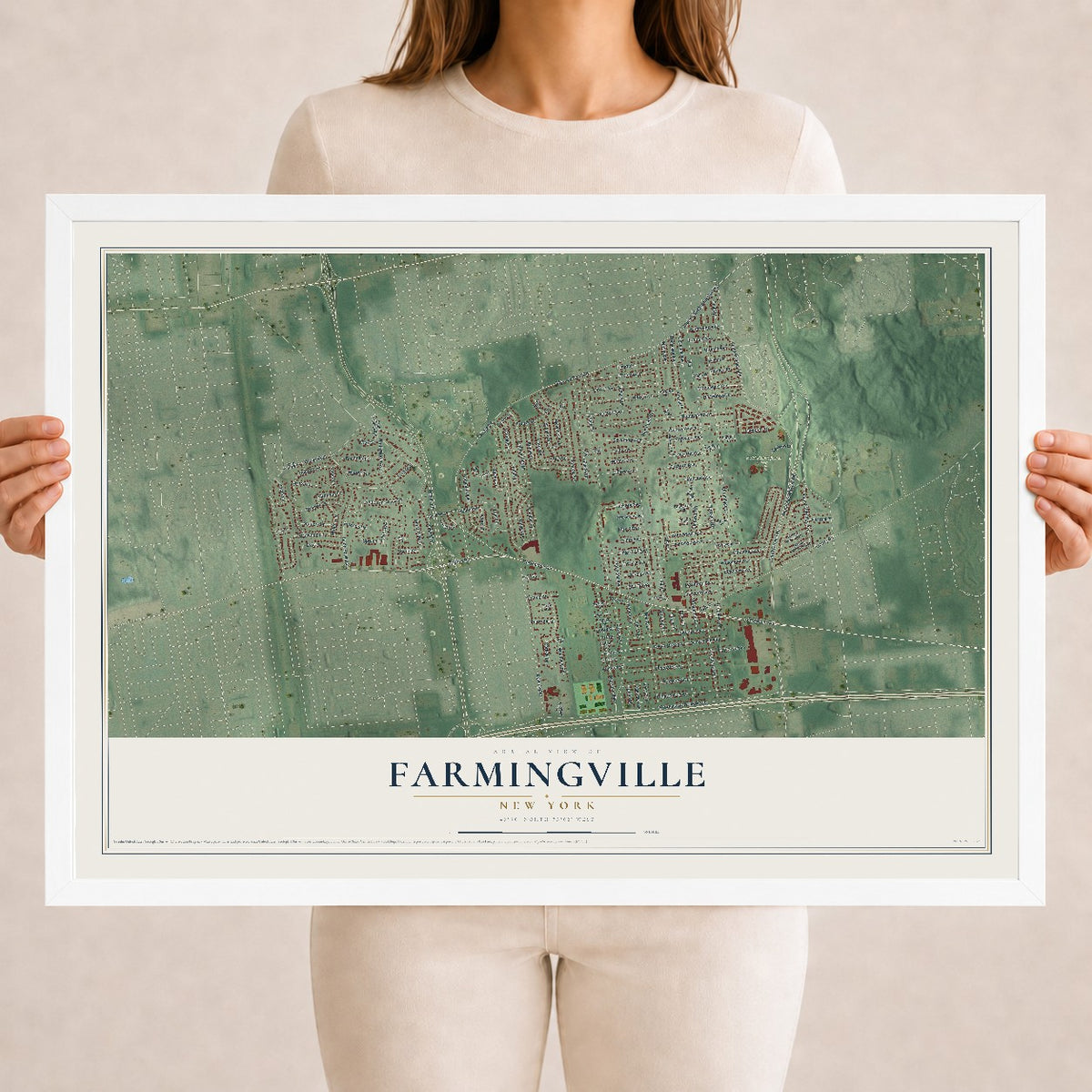 Farmingville, New York map print, 18" x 24" W/ White Ayous Wood Frame mockup