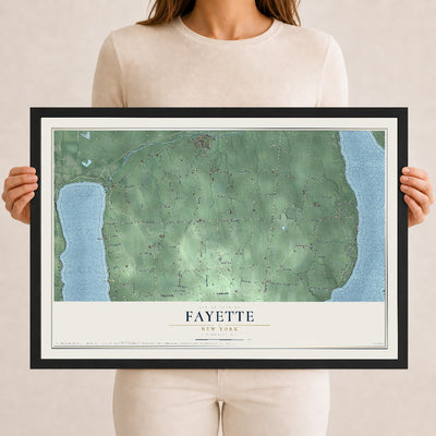Fayette, New York map print, 12" x 18" W/ Black Ayous Wood Frame mockup