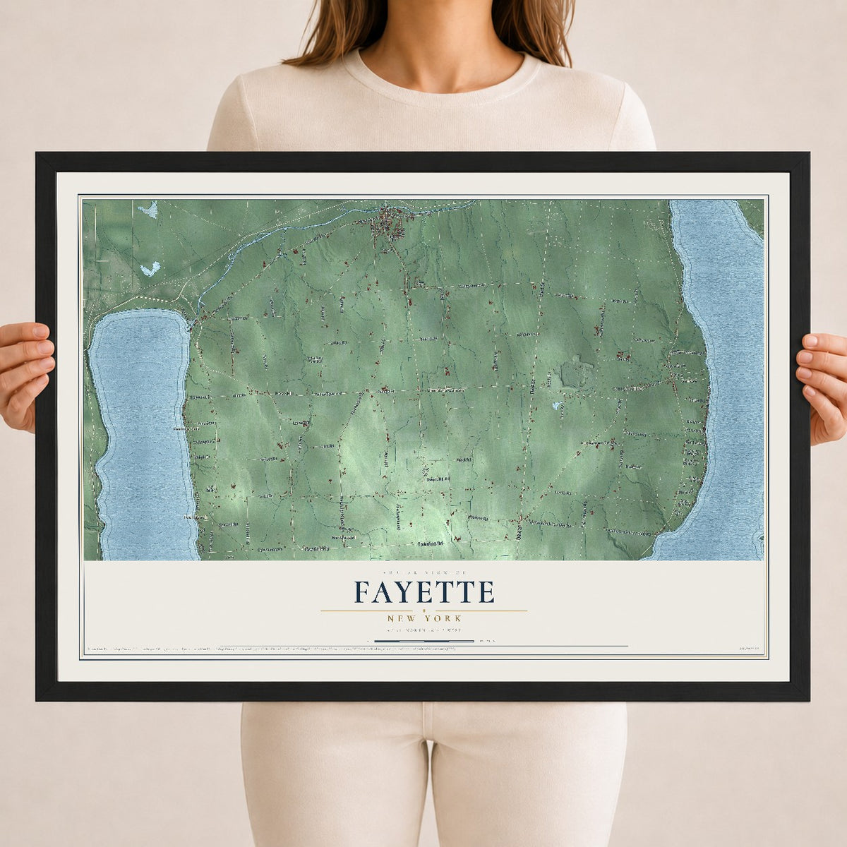 Fayette, New York map print, 18" x 24" W/ Black Ayous Wood Frame mockup