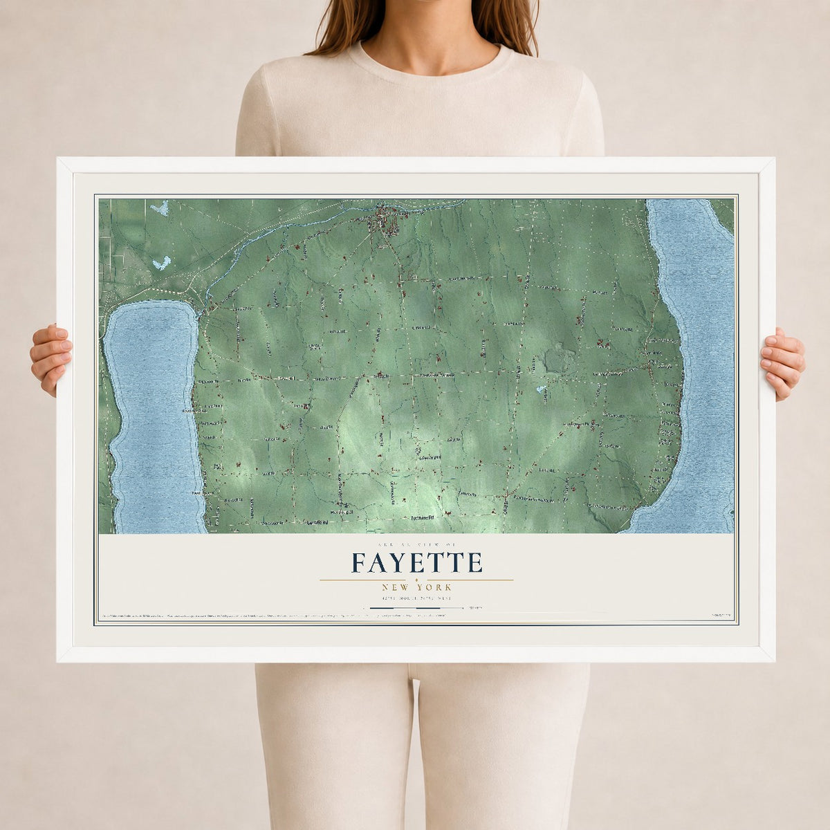 Fayette, New York map print, 24" x 36" W/ White Ayous Wood Frame mockup