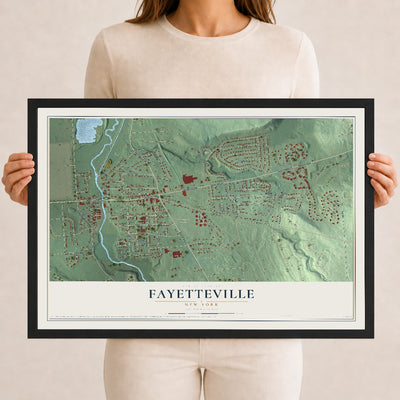 Fayetteville, New York map print, 12" x 18" W/ Black Ayous Wood Frame mockup