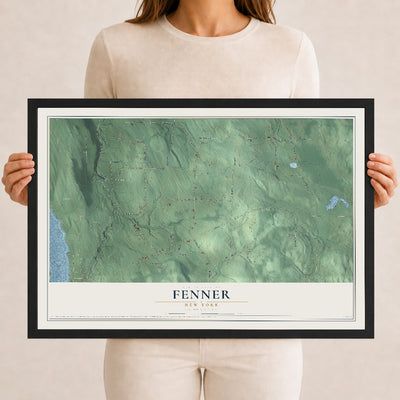 Fenner, New York map print, 12" x 18" W/ Black Ayous Wood Frame mockup