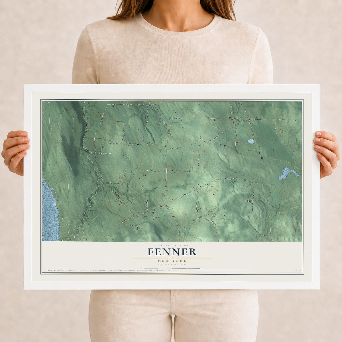 Fenner, New York map print, 12" x 18" W/ White Ayous Wood Frame mockup