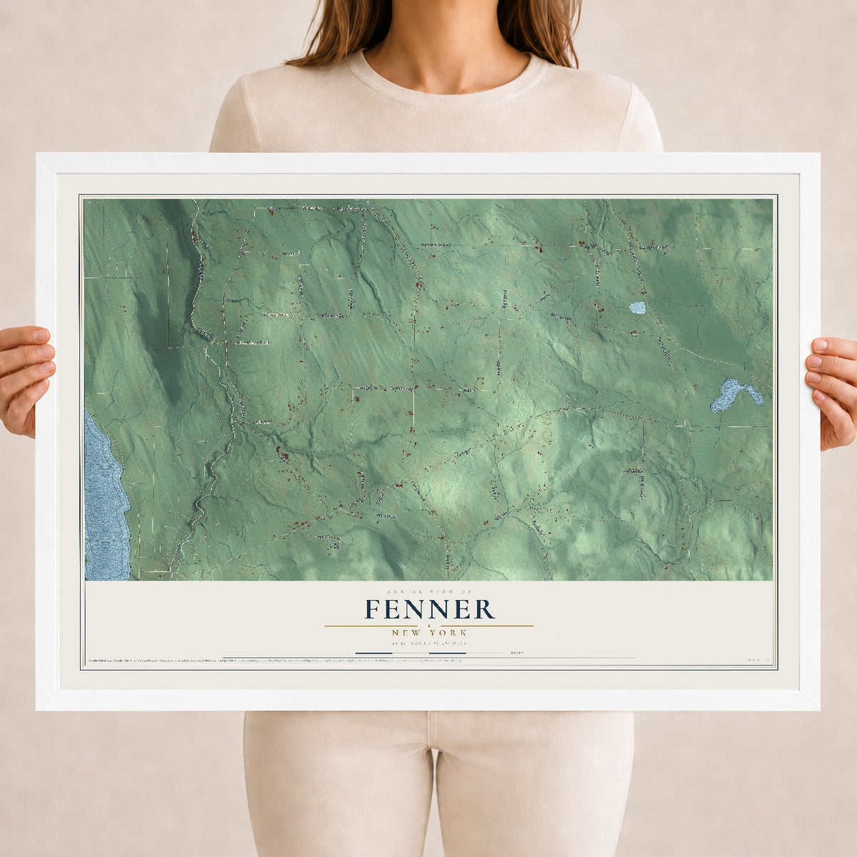 Fenner, New York map print, 18" x 24" W/ White Ayous Wood Frame mockup