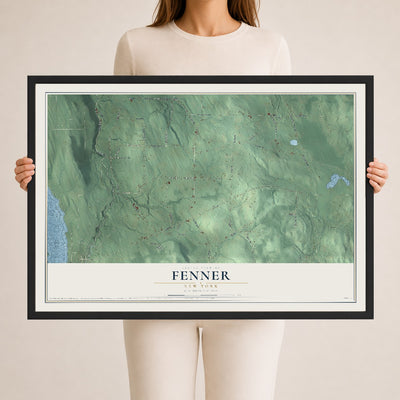 Fenner, New York map print, 24" x 36" W/ Black Ayous Wood Frame mockup