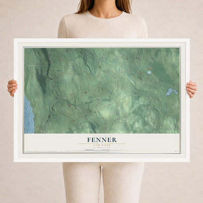 Fenner, New York map print, 24" x 36" W/ White Ayous Wood Frame mockup