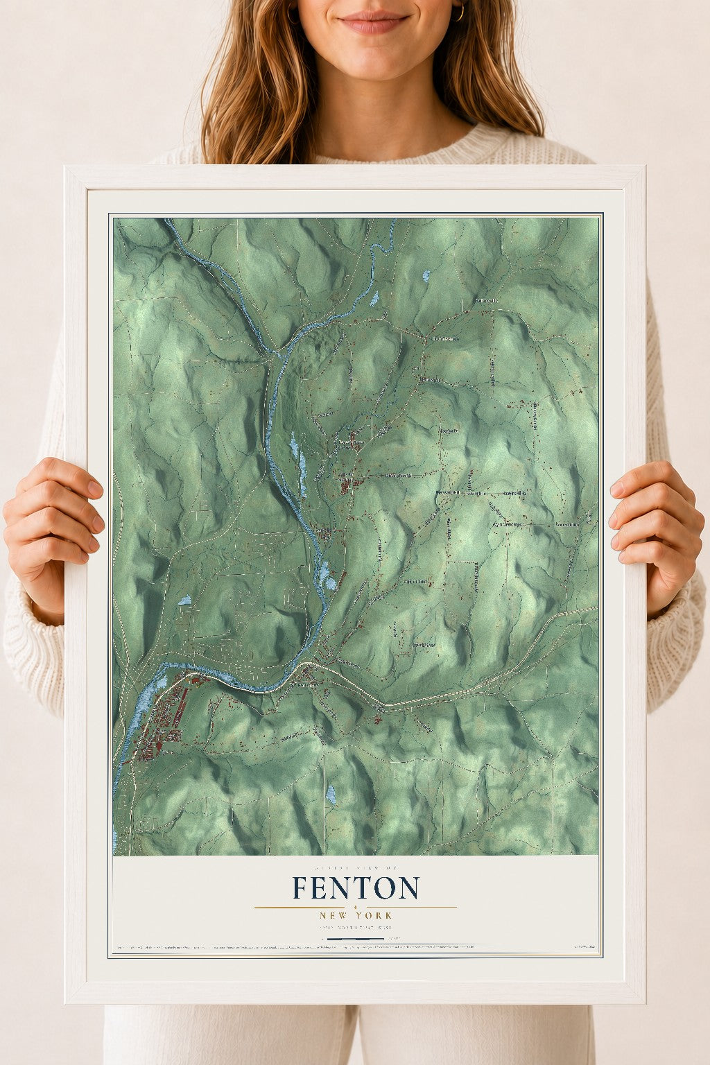 Fenton, New York map print, 18" x 24" W/ White Ayous Wood Frame mockup