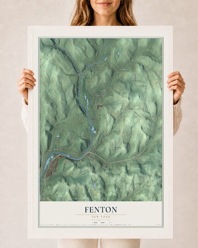 Fenton, New York map print, 24" x 36" W/ White Ayous Wood Frame mockup