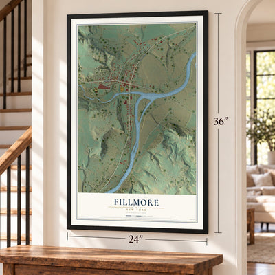 Fillmore, New York map, 24 x 36 inch print in a black frame by a staircase