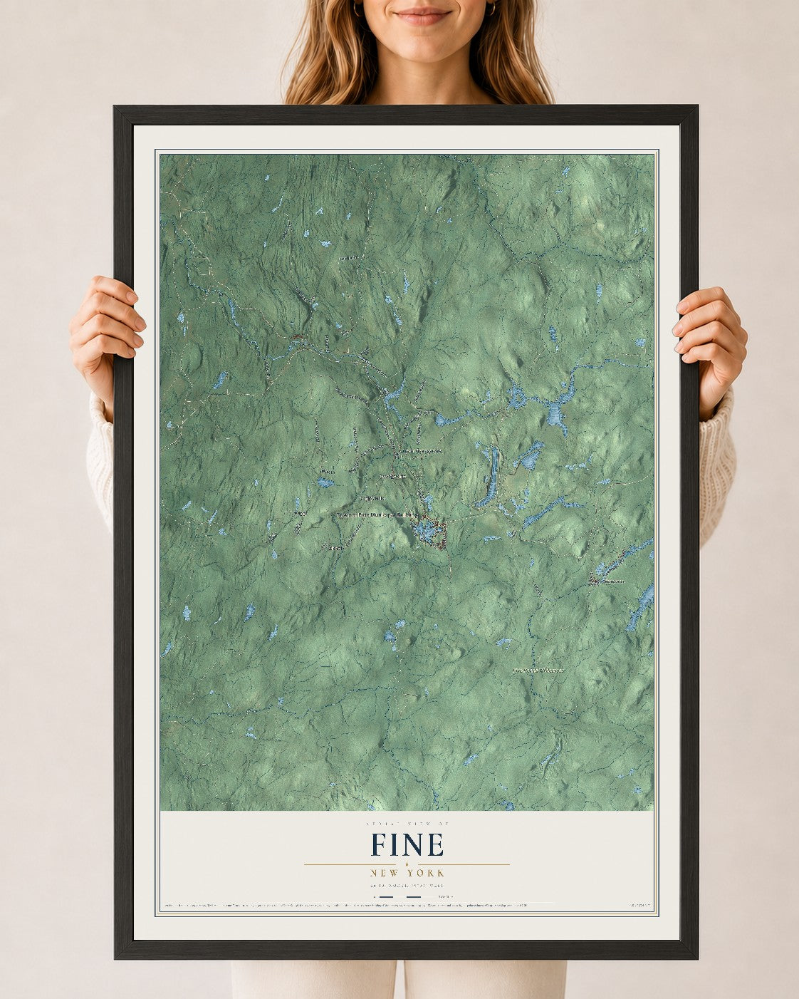Fine, New York map print, 24" x 36" W/ Black Ayous Wood Frame mockup