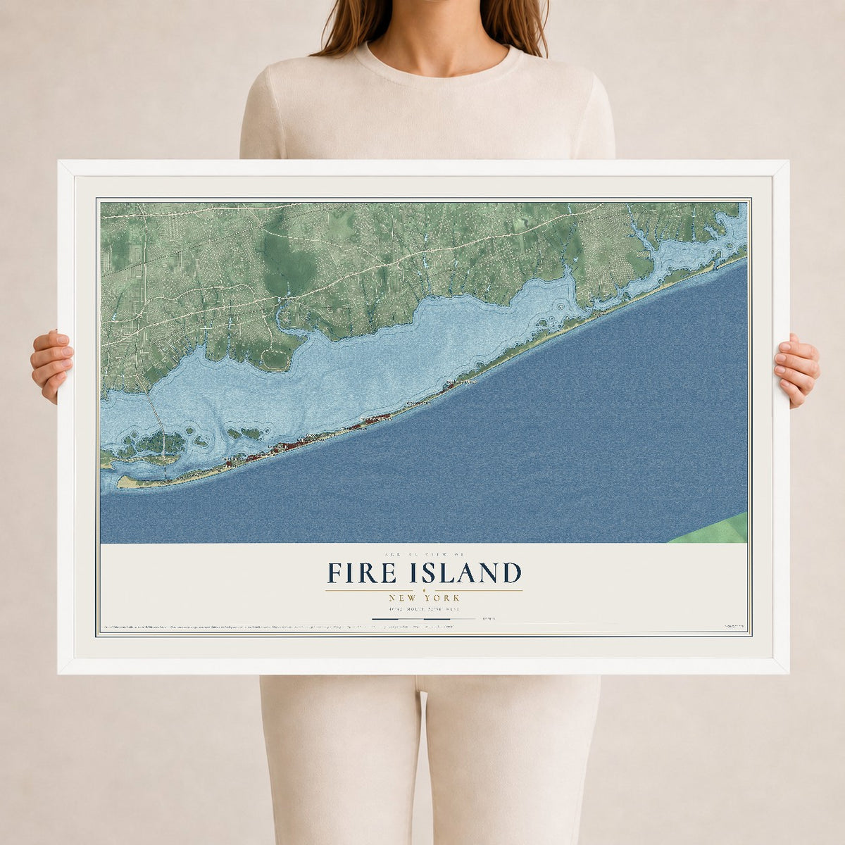 Fire Island, New York map print, 24" x 36" W/ White Ayous Wood Frame mockup