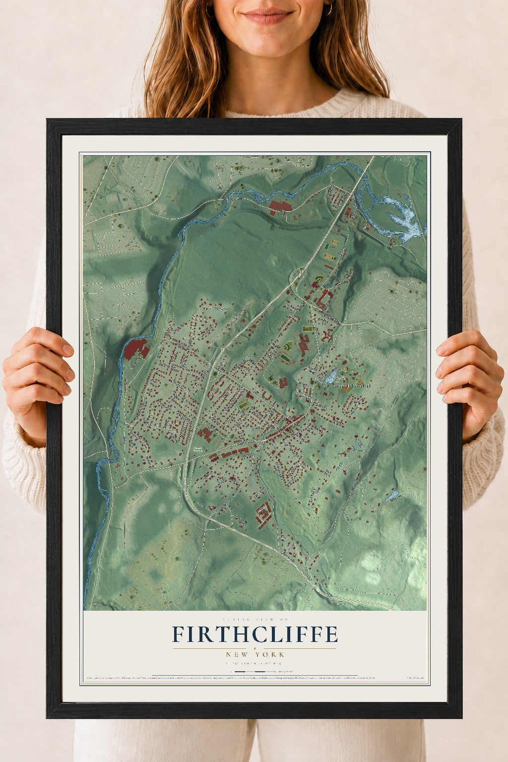 Firthcliffe, New York map print, 18" x 24" W/ Black Ayous Wood Frame mockup