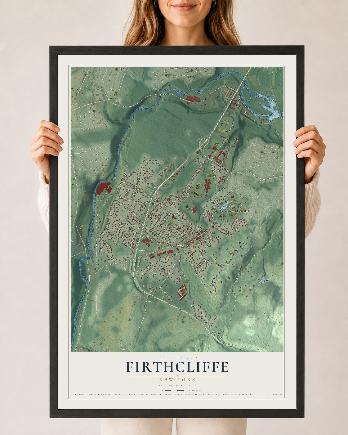 Firthcliffe, New York map print, 24" x 36" W/ Black Ayous Wood Frame mockup