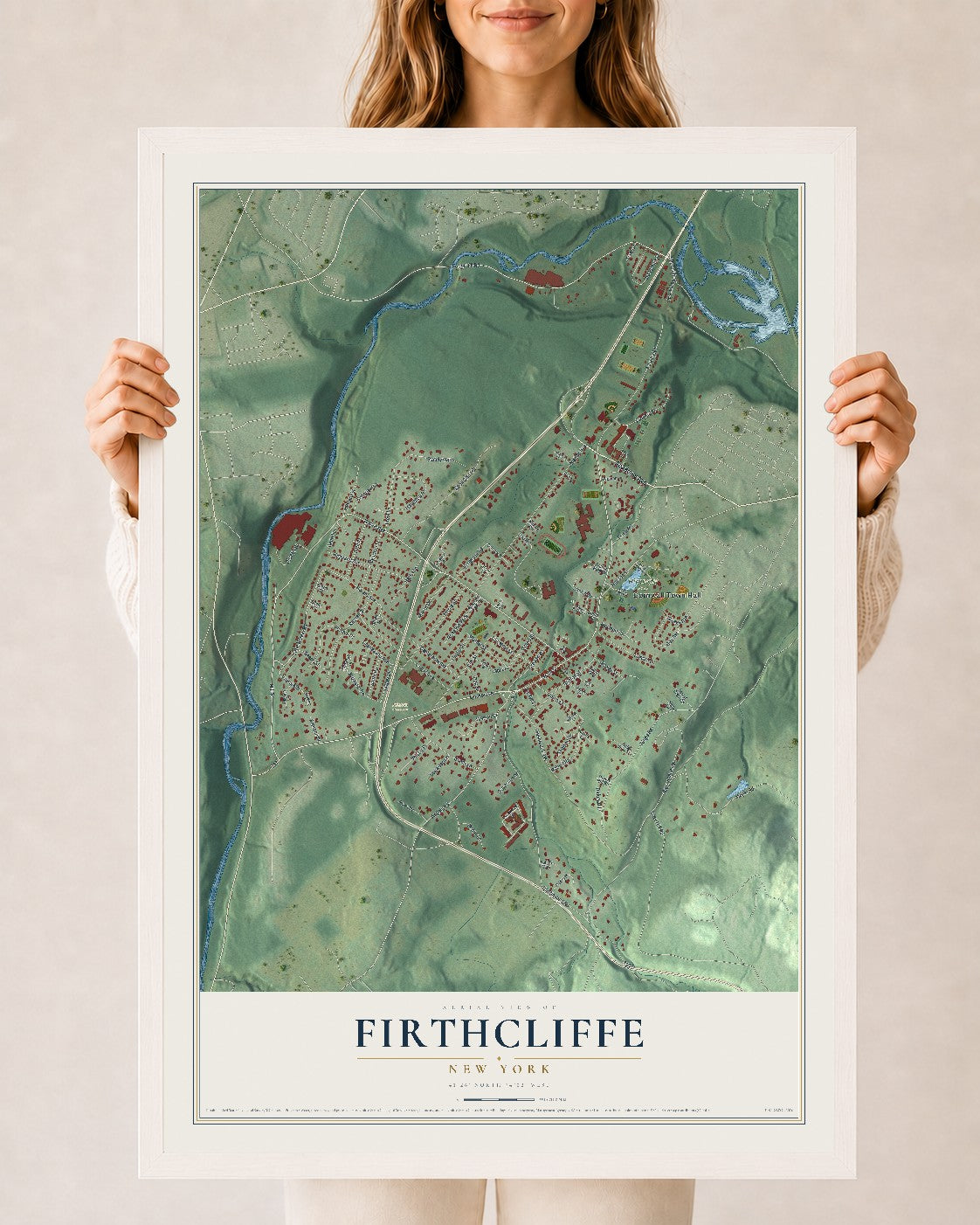 Firthcliffe, New York map print, 24" x 36" W/ White Ayous Wood Frame mockup