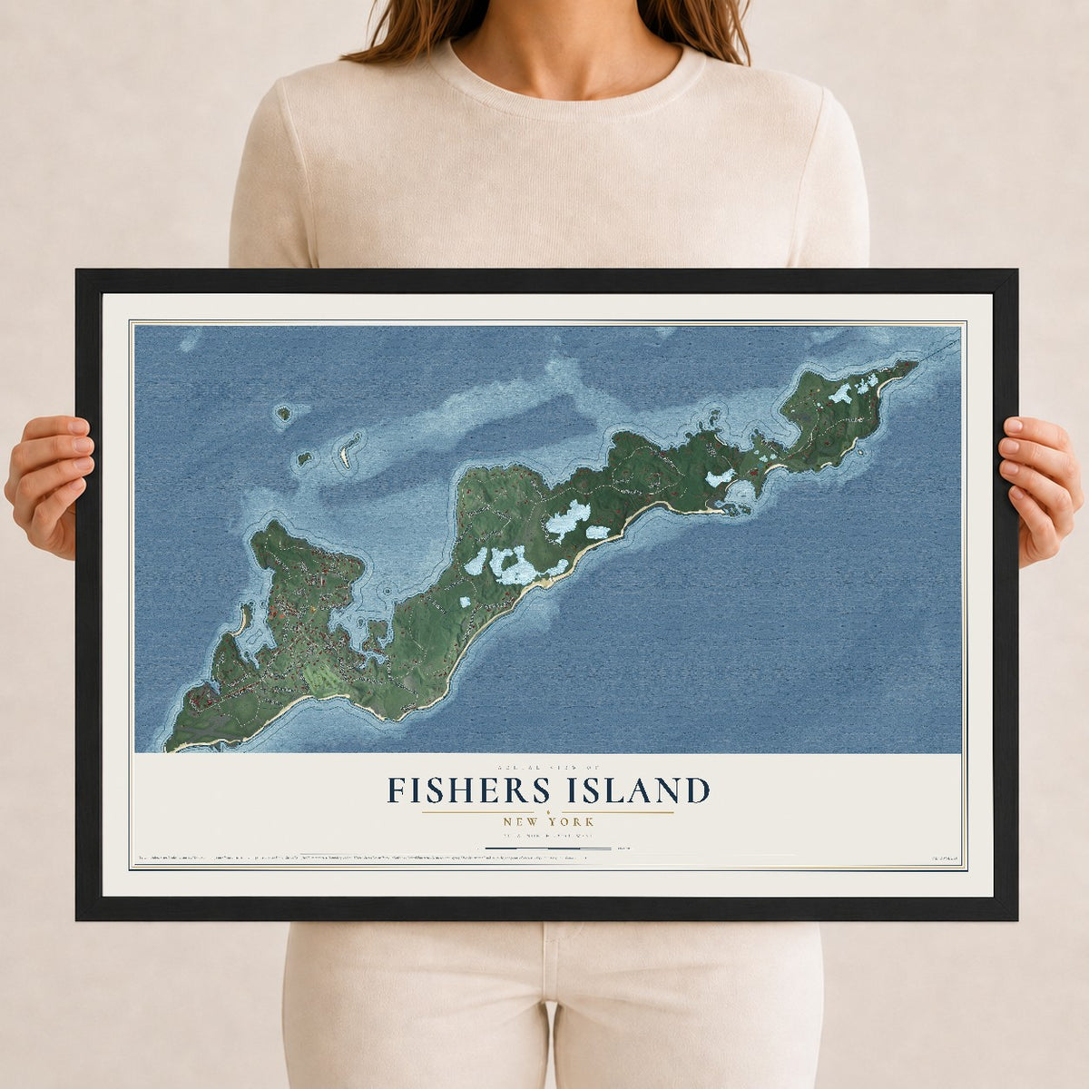 Fishers Island, New York map print, 12" x 18" W/ Black Ayous Wood Frame mockup