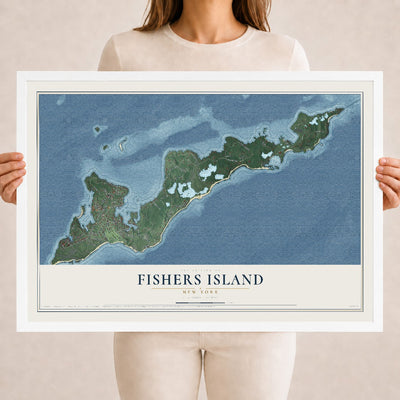 Fishers Island, New York map print, 18" x 24" W/ White Ayous Wood Frame mockup