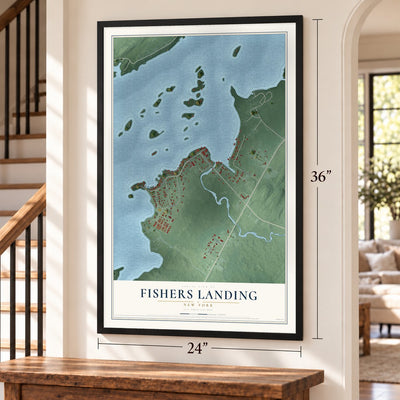 Fishers Landing, New York map, 24 x 36 inch print in a black frame by a staircase
