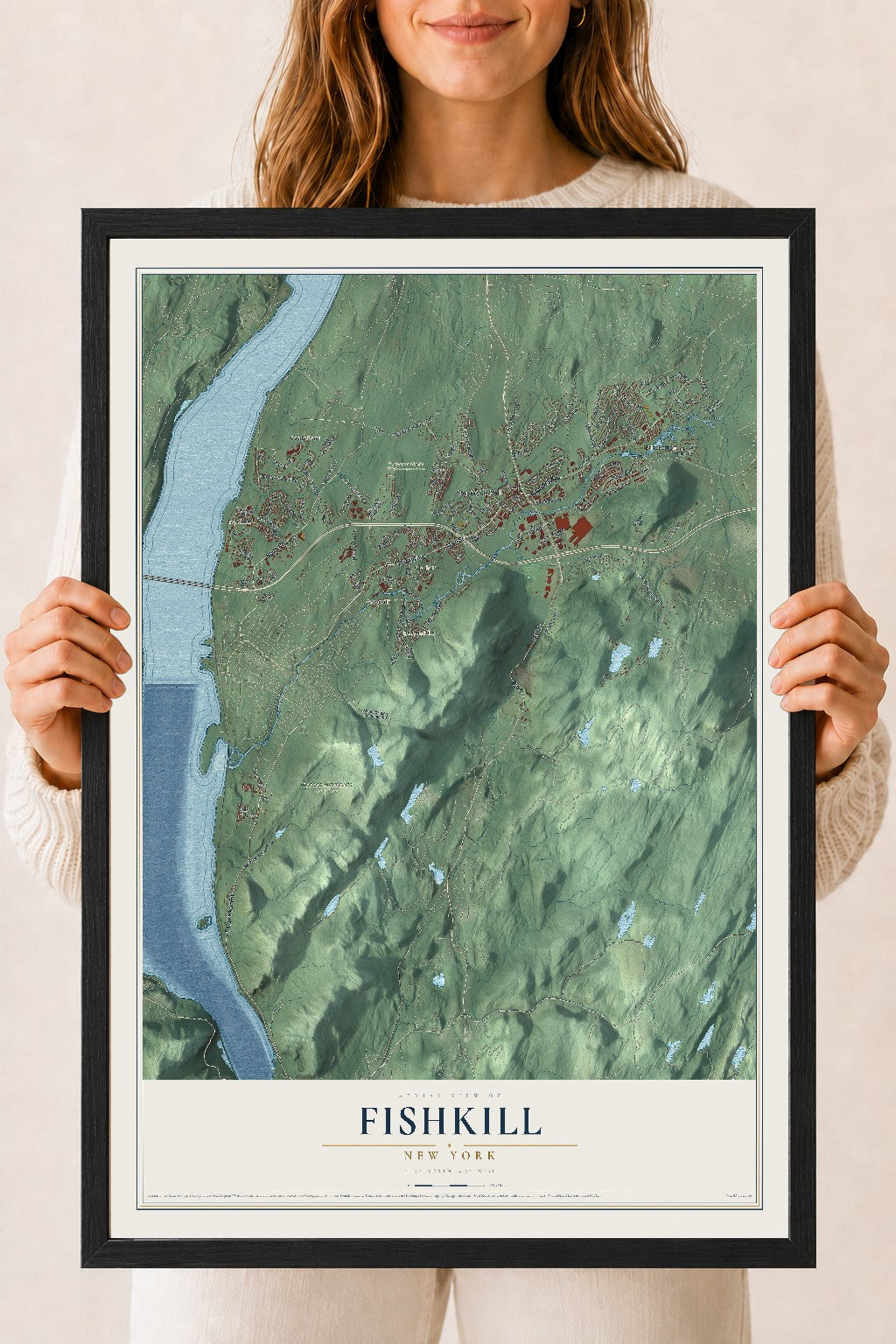 Fishkill, New York map print, 18" x 24" W/ Black Ayous Wood Frame mockup