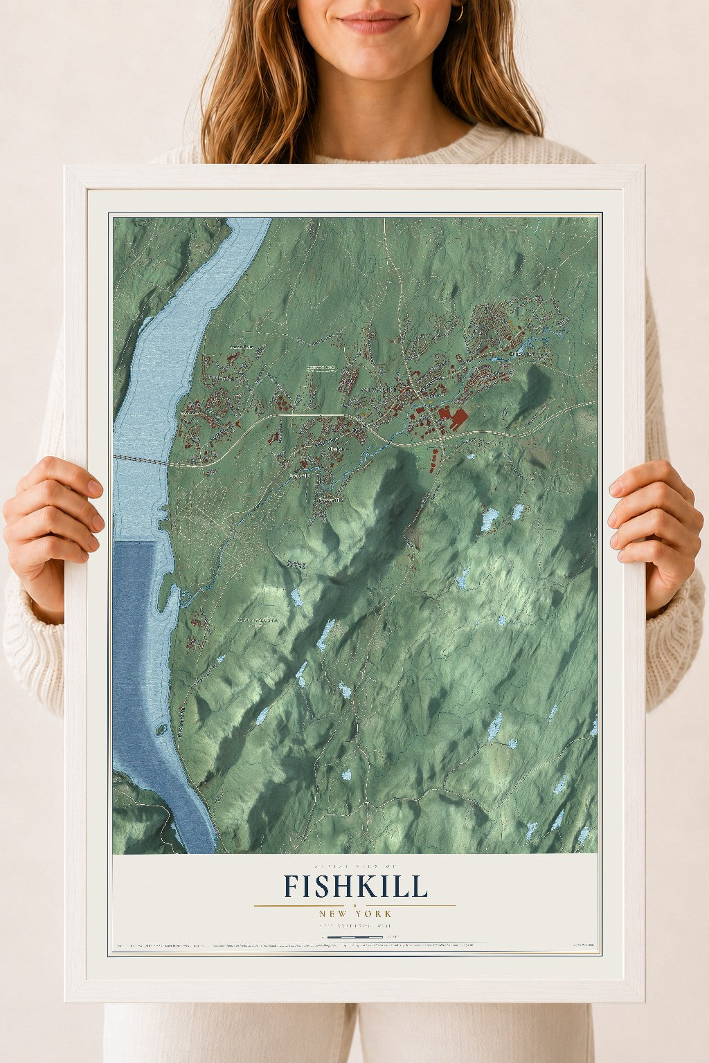 Fishkill, New York map print, 18" x 24" W/ White Ayous Wood Frame mockup