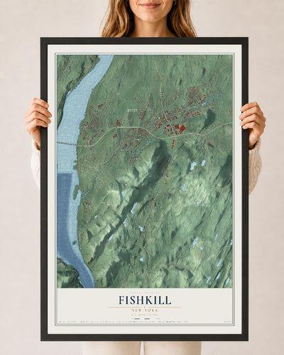 Fishkill, New York map print, 24" x 36" W/ Black Ayous Wood Frame mockup