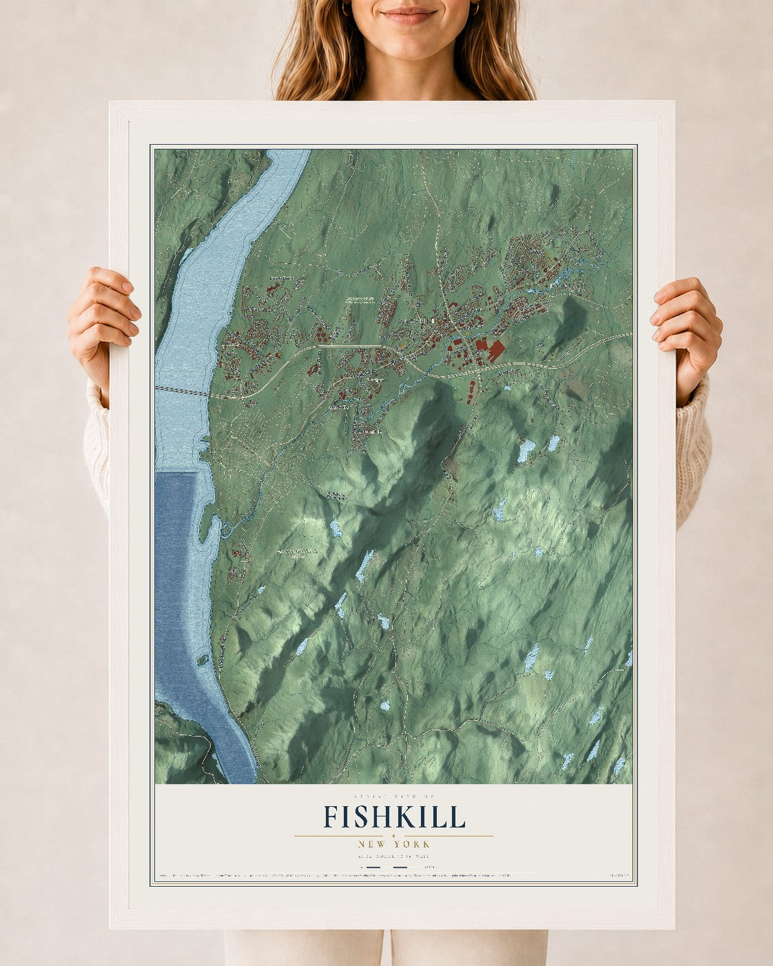Fishkill, New York map print, 24" x 36" W/ White Ayous Wood Frame mockup