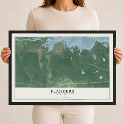 Flanders, New York map print, 12" x 18" W/ Black Ayous Wood Frame mockup