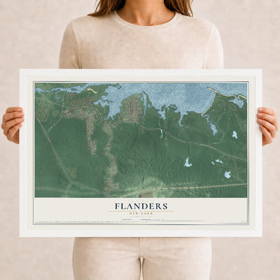 Flanders, New York map print, 12" x 18" W/ White Ayous Wood Frame mockup