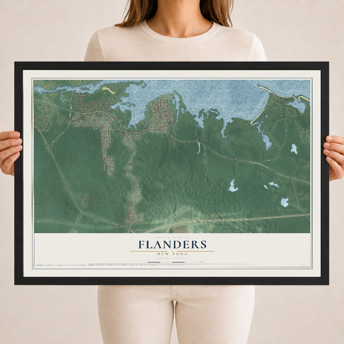 Flanders, New York map print, 18" x 24" W/ Black Ayous Wood Frame mockup