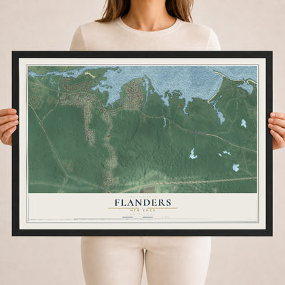 Flanders, New York map print, 18" x 24" W/ Black Ayous Wood Frame mockup