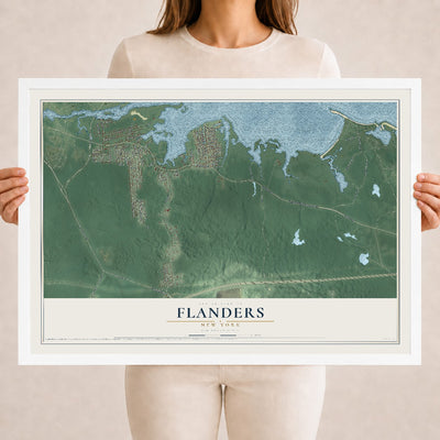 Flanders, New York map print, 18" x 24" W/ White Ayous Wood Frame mockup