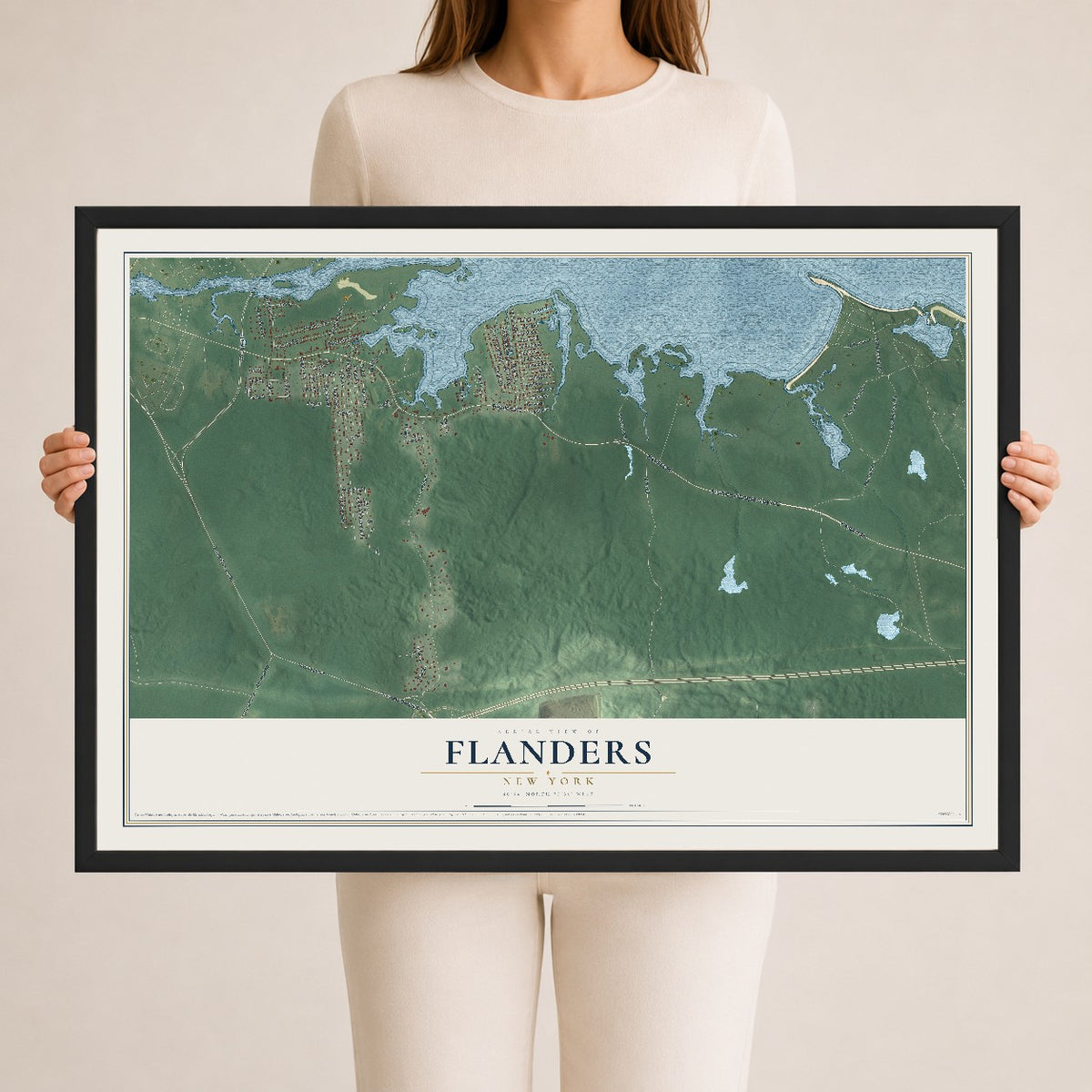 Flanders, New York map print, 24" x 36" W/ Black Ayous Wood Frame mockup