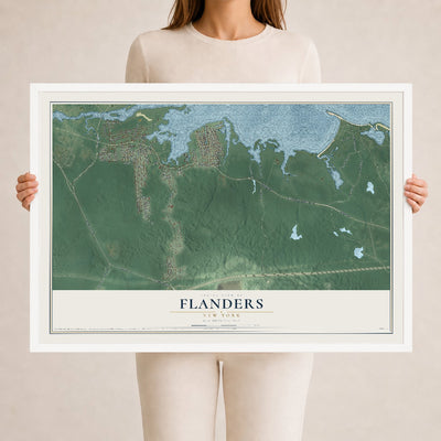 Flanders, New York map print, 24" x 36" W/ White Ayous Wood Frame mockup