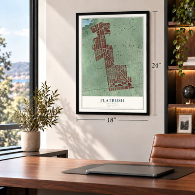 Flatbush, New York map, 18 x 24 inch print in a black frame in a home office