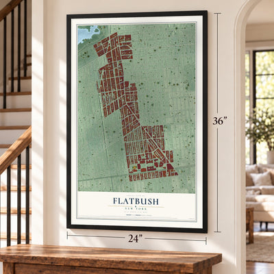 Flatbush, New York map, 24 x 36 inch print in a black frame by a staircase