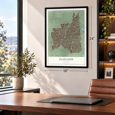 Flatlands, New York map, 18 x 24 inch print in a black frame in a home office