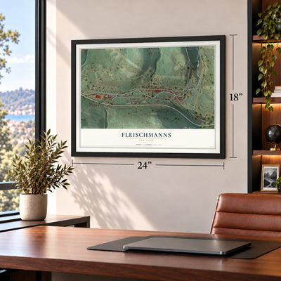 Fleischmanns, New York map, 18 x 24 inch print in a black frame in a home office