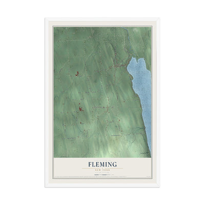 Fleming, New York map print, 12" x 18" W/ White Ayous Wood Frame mockup