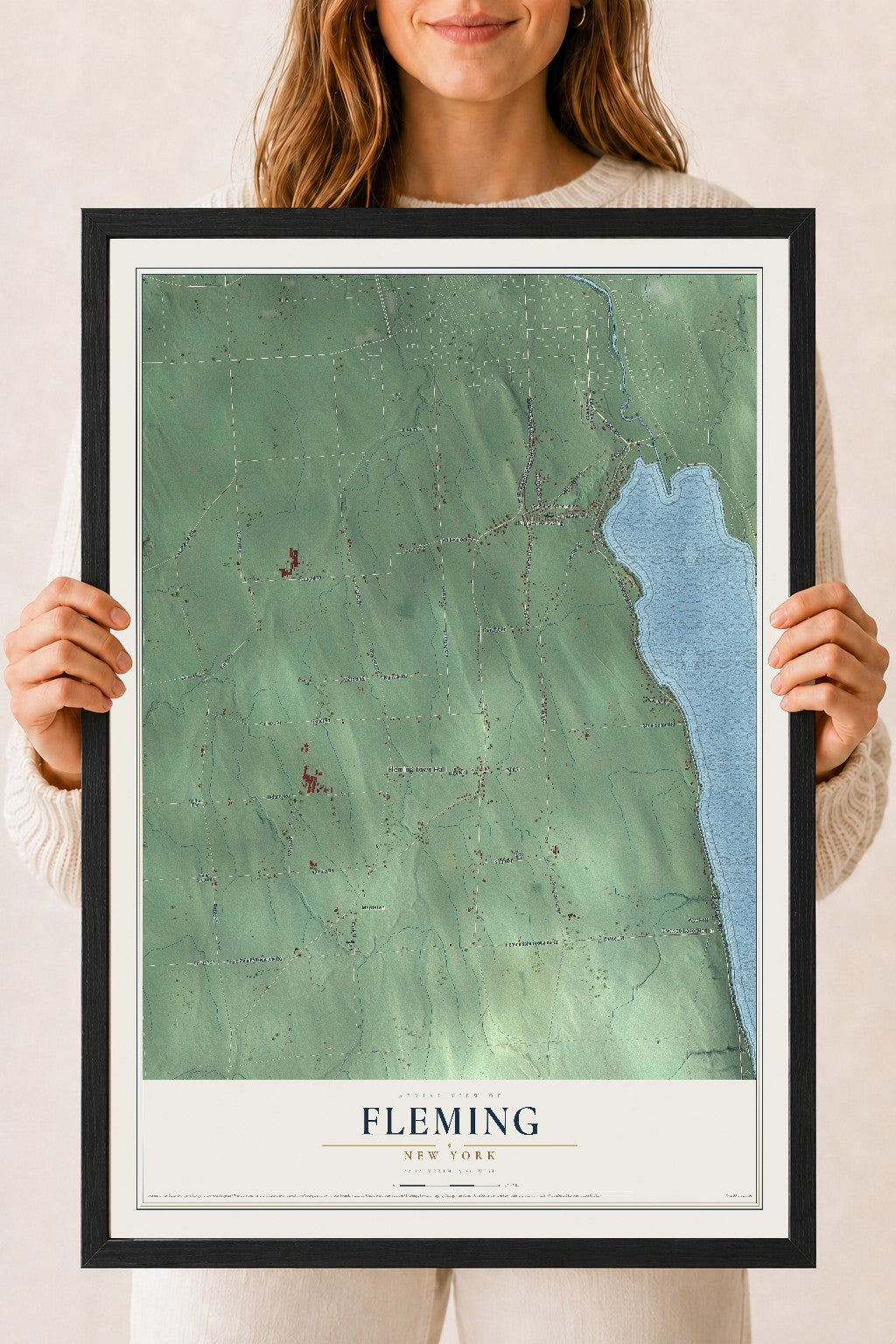 Fleming, New York map print, 18" x 24" W/ Black Ayous Wood Frame mockup
